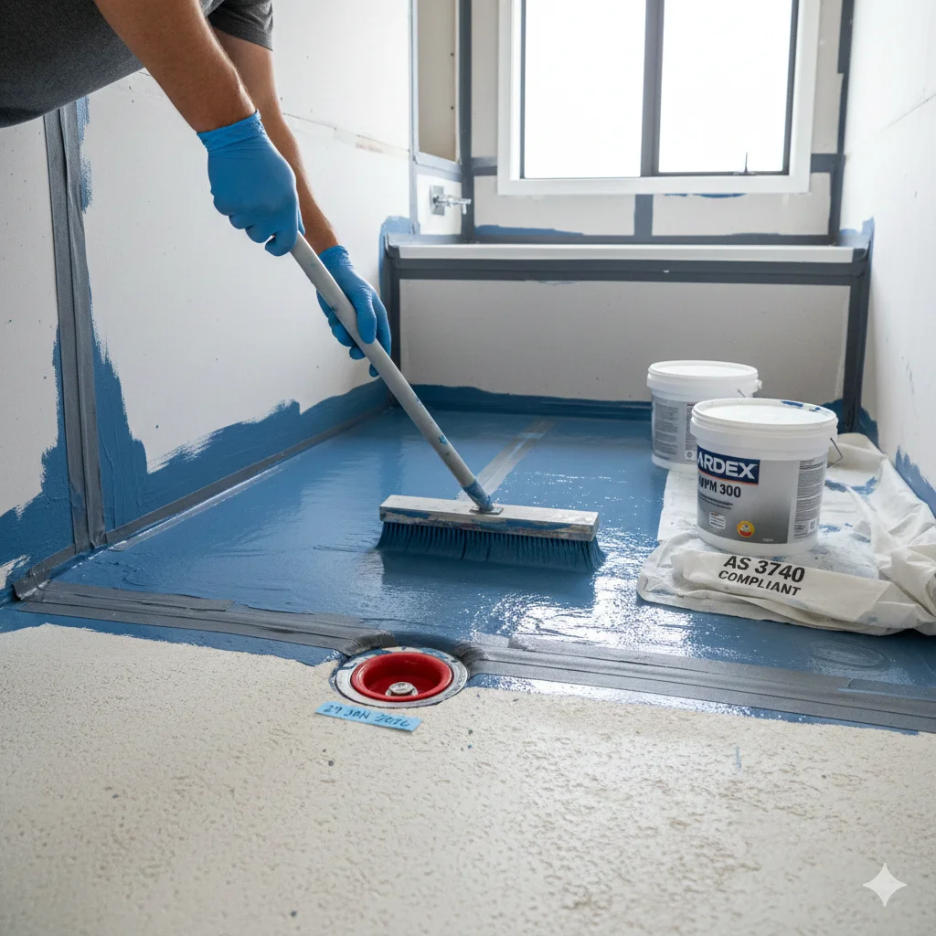 Complete bathroom waterproofing membrane installation in Werribee showing AS 3740 compliance